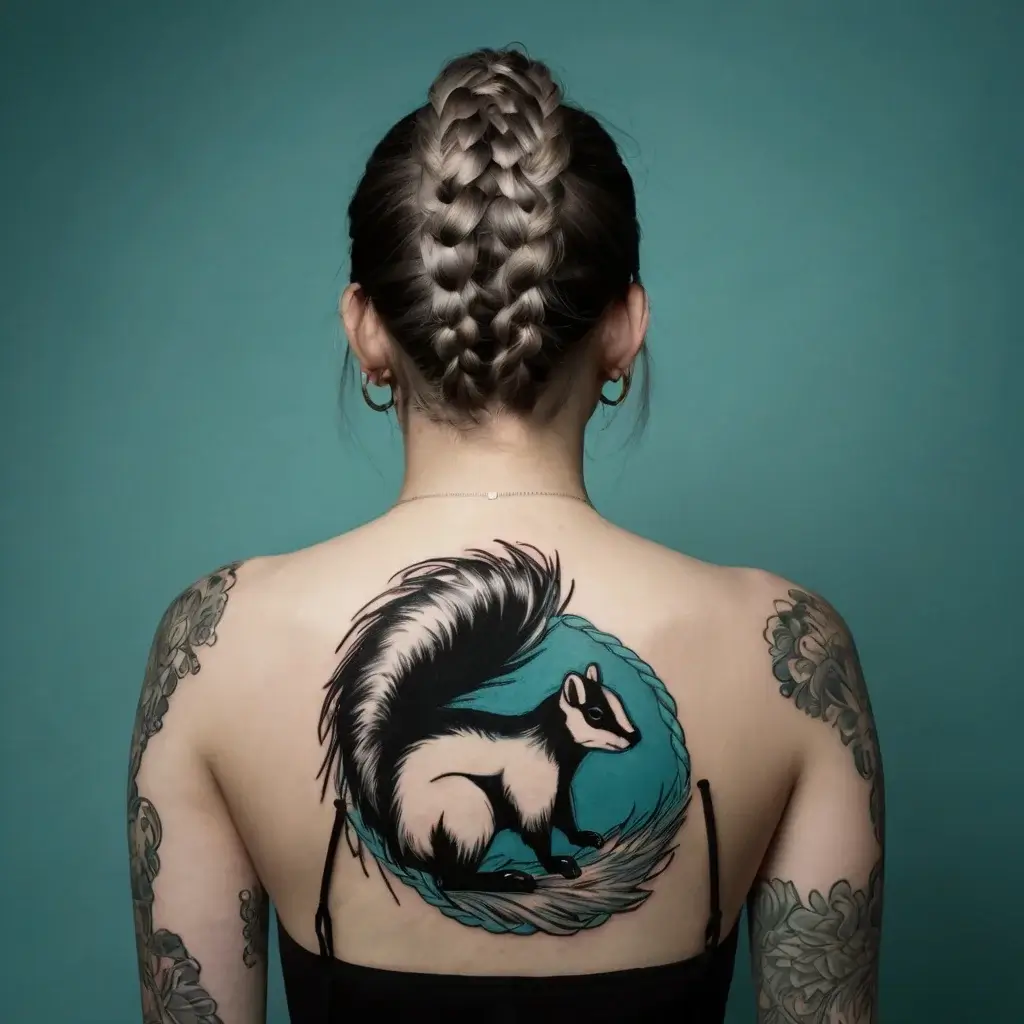 A bold skunk tattoo with flowing tail, set against a teal circle on the upper back, surrounded by floral designs.