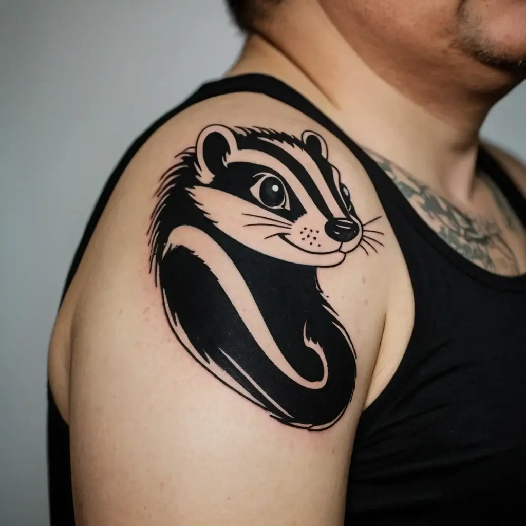 Bold, stylized badger tattoo in black ink, featuring smooth curves and striking facial details on the upper arm.