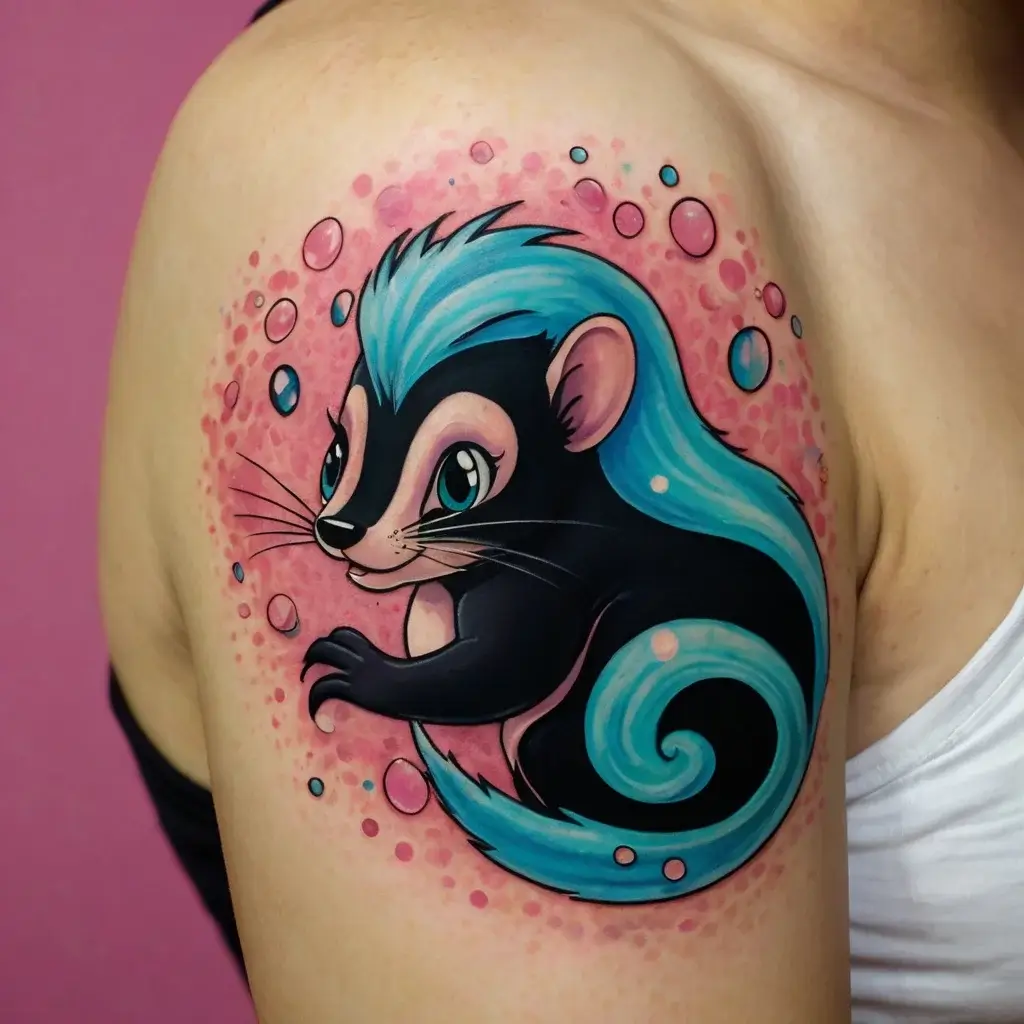 Colorful skunk tattoo with vibrant blue swirl tail and pink bubbles on shoulder, blending cartoon style and bold outlines.