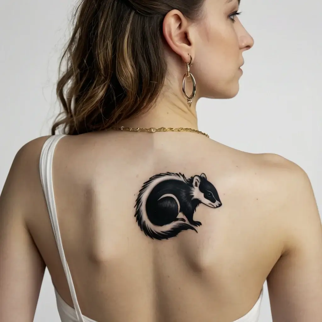 Minimalist skunk tattoo in bold black and white, featuring clean lines and contrasting details on upper back.