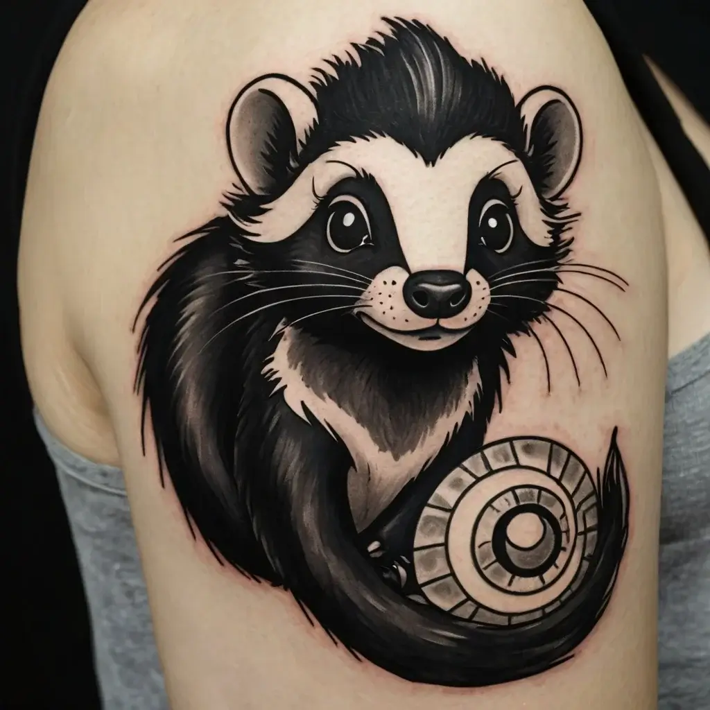 Tattoo of a cute black and grey stylized ferret with a curled, patterned tail on the upper arm.