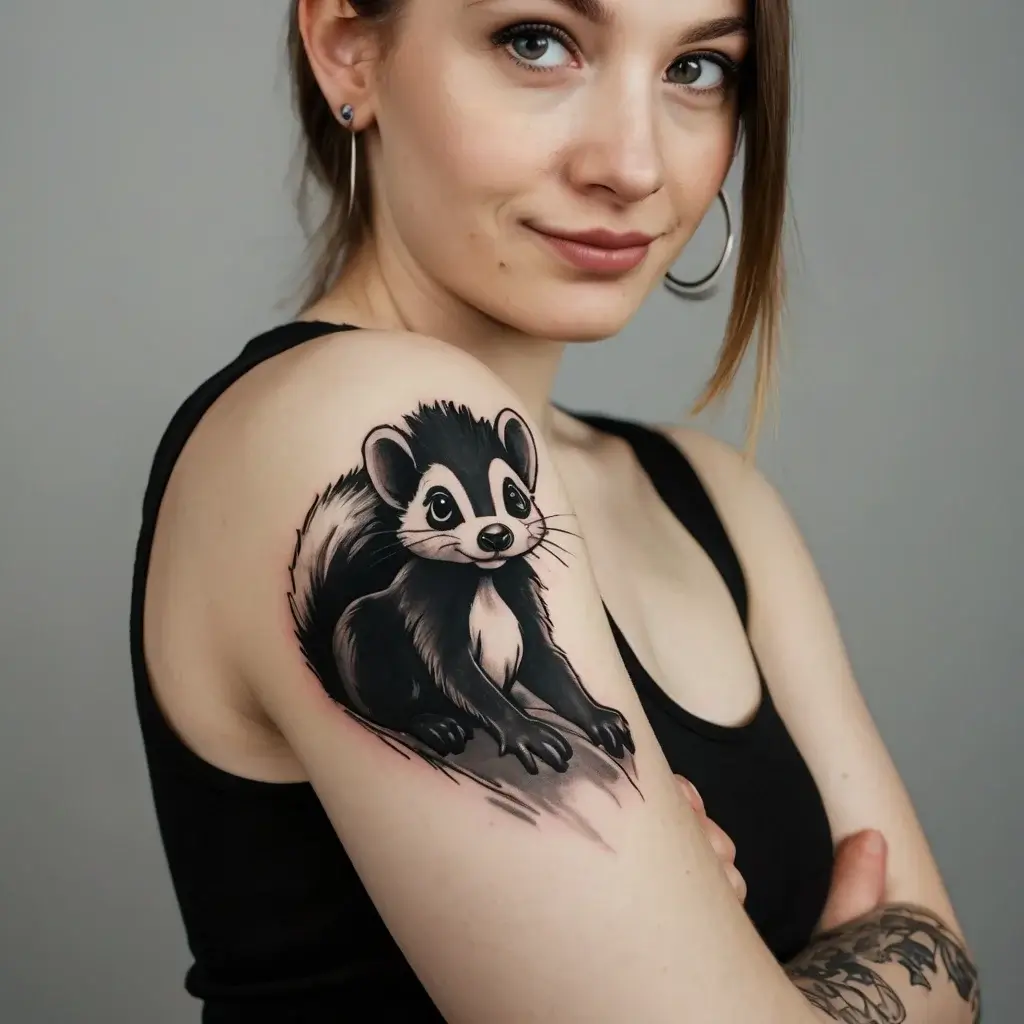 Tattoo of a cartoon skunk on the upper arm, with bold outlines and subtle shading for a playful look.