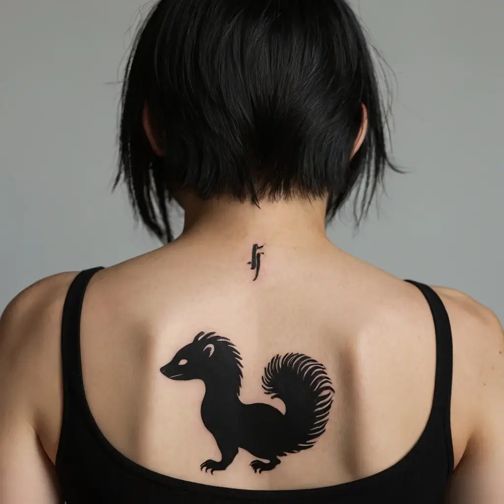 Black silhouette tattoo of a squirrel with a bushy tail on back, with a small treble clef inked above it.