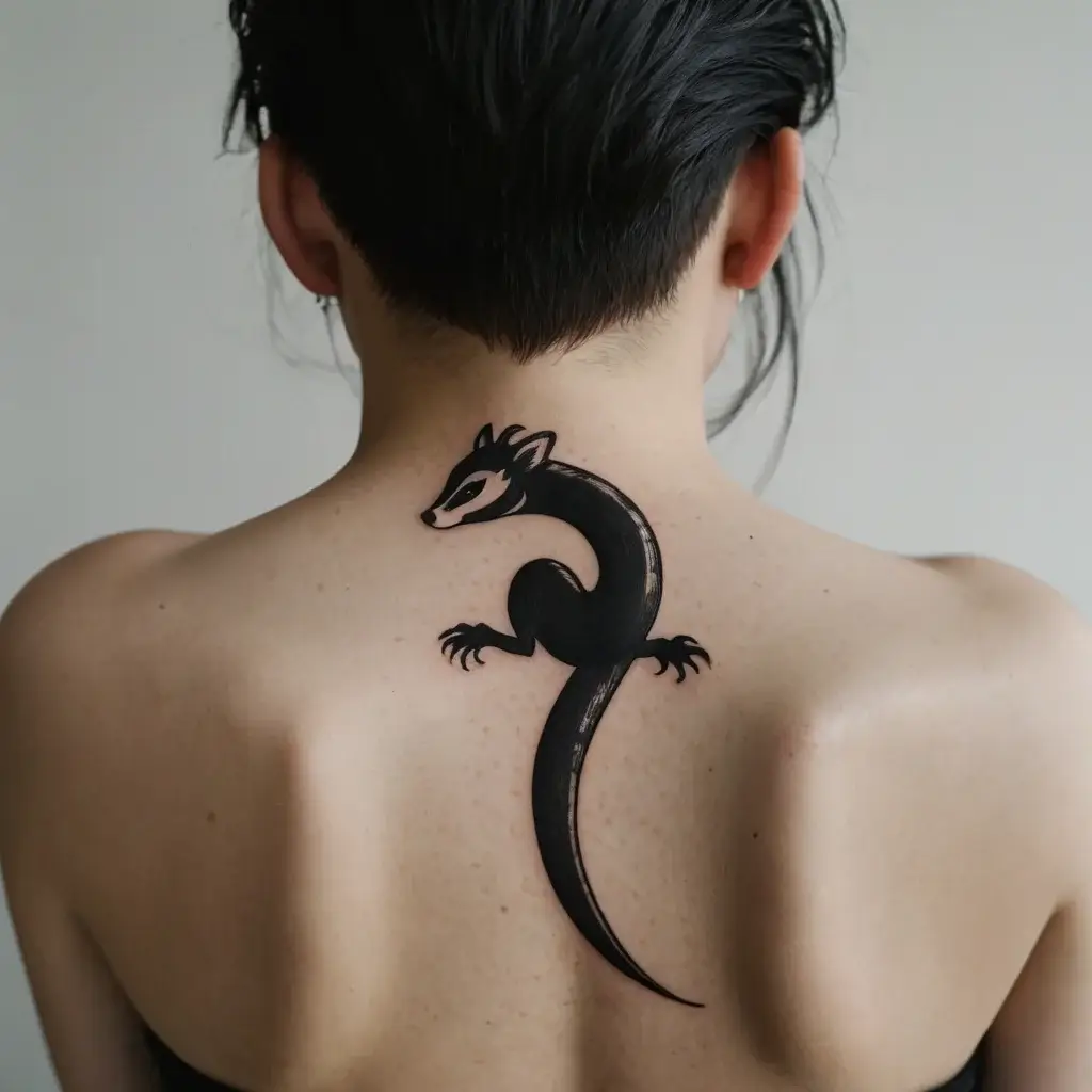 Bold black lizard tattoo climbs up spine; minimalist design emphasizes sleek form with subtle line work.