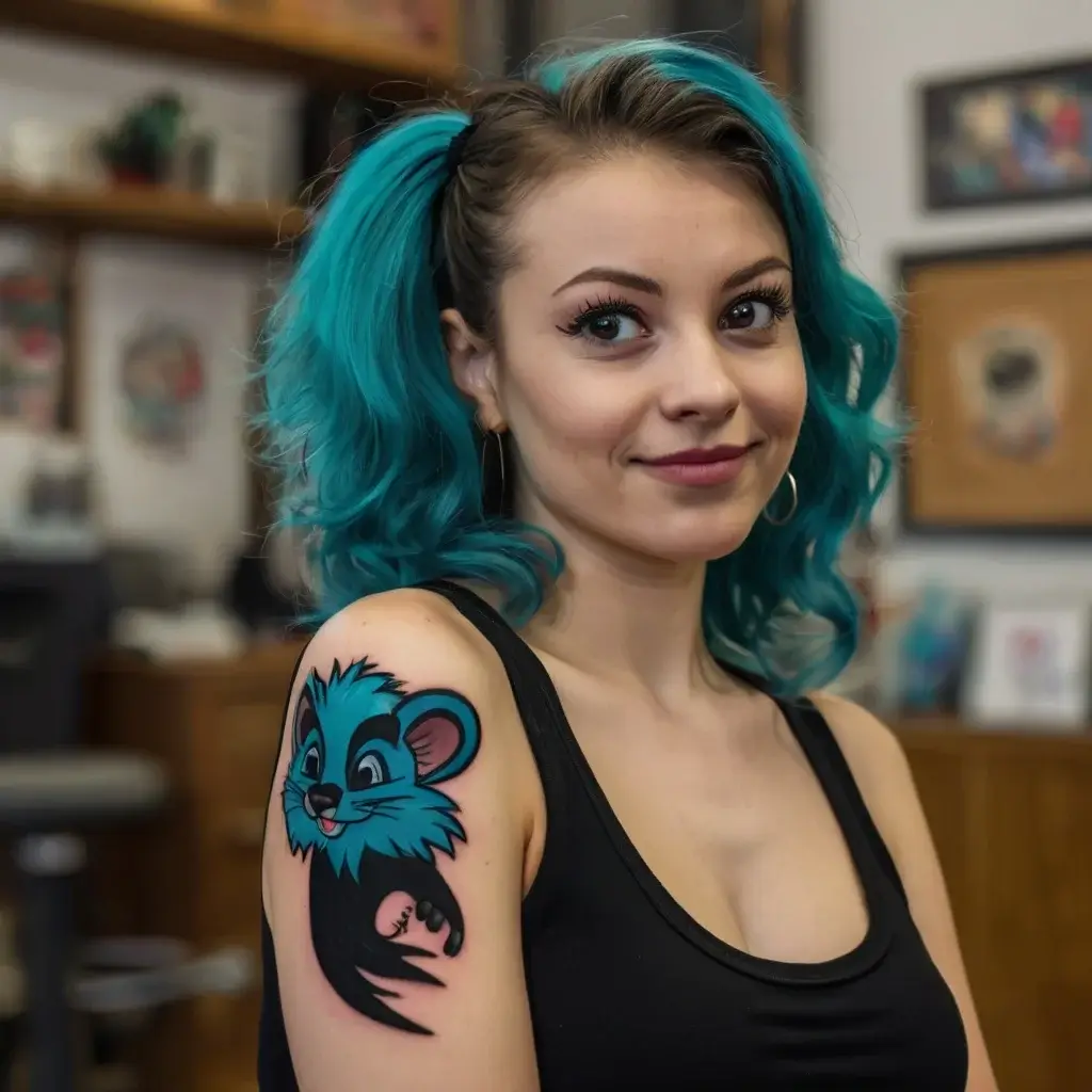 Colorful cartoon mouse tattoo with teal fur and a playful expression, inked on the upper arm, vibrant and lively.