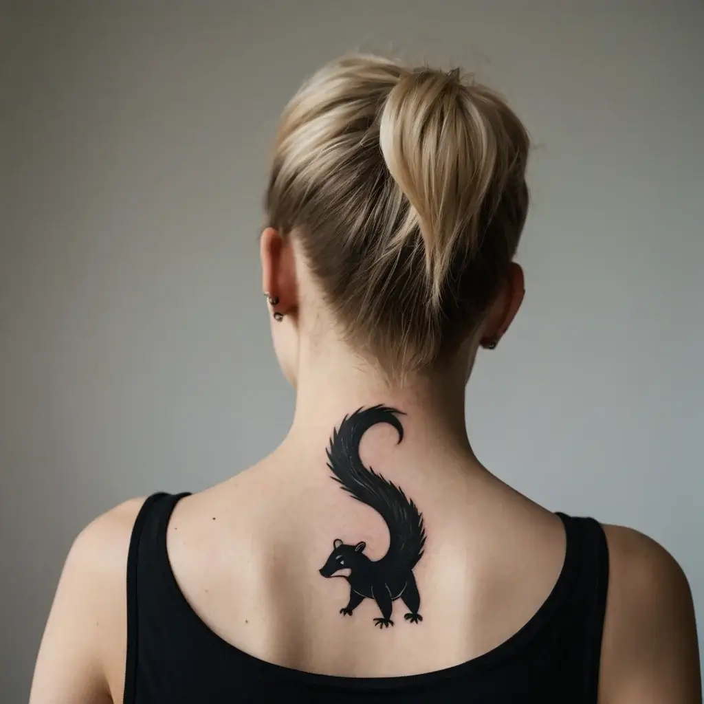 Black skunk tattoo with a large, bushy tail, elegantly centered on the upper back below the neck.