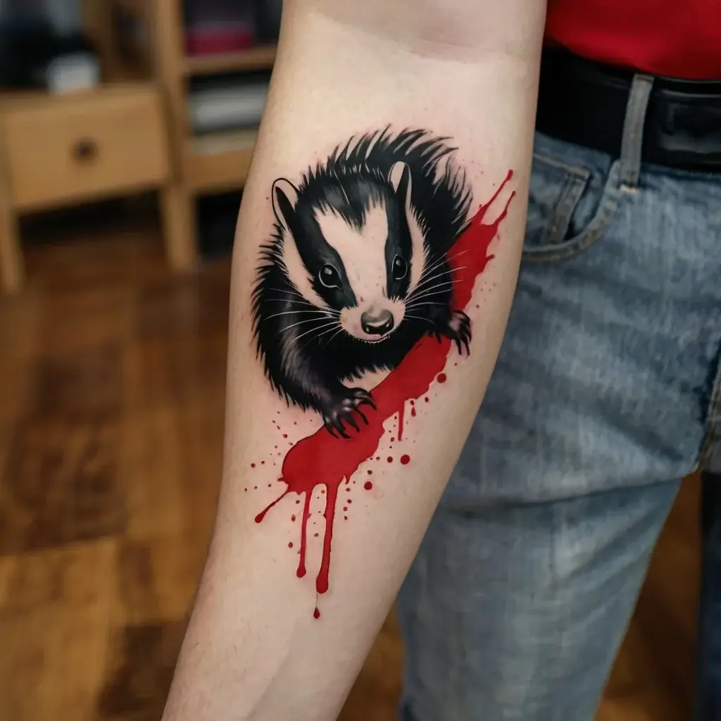 A realistic badger tattoo with a dynamic red brushstroke background on the forearm, symbolizing boldness and tenacity.