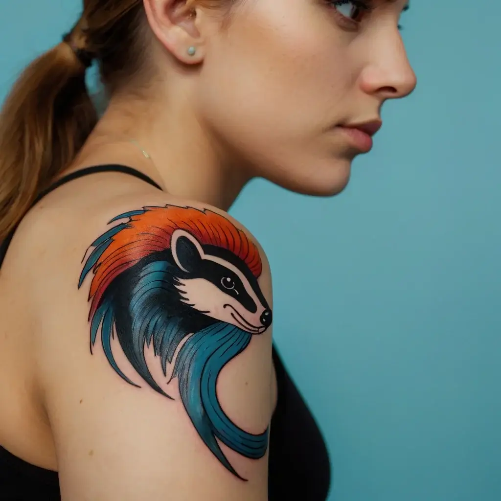 Tattoo of a stylized badger with vibrant orange and blue fur, gracefully curving on shoulder.