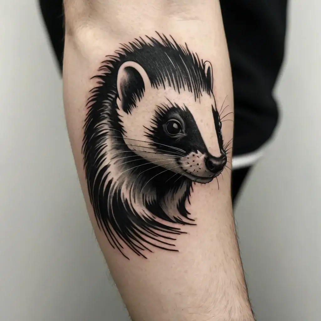 Black and gray ferret tattoo with bold lines and detailed shading, showcasing a lifelike and expressive design on the forearm.