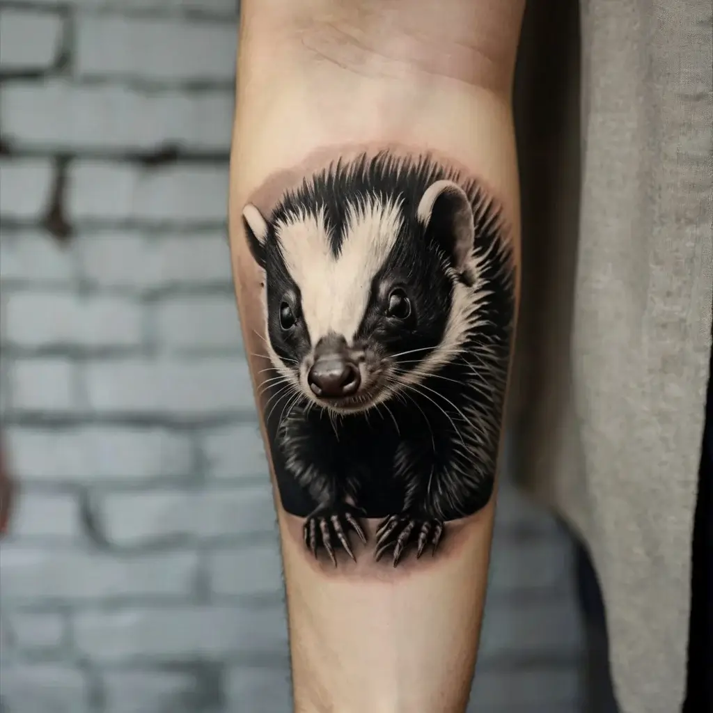 Realistic badger tattoo on forearm, showcasing fine detail and shading in black and white for a lifelike appearance.