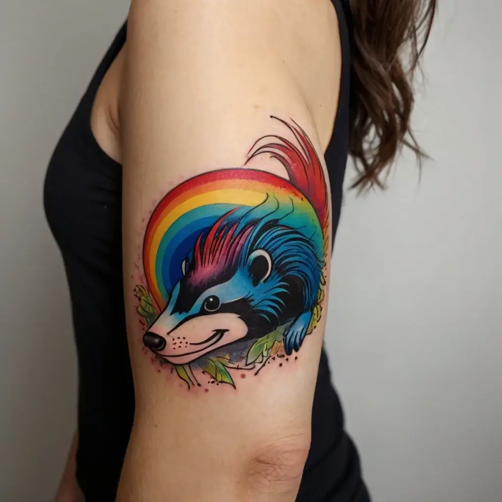 Colorful cartoon badger tattoo with a rainbow background, featuring vibrant blue and pink hues and leafy accents.