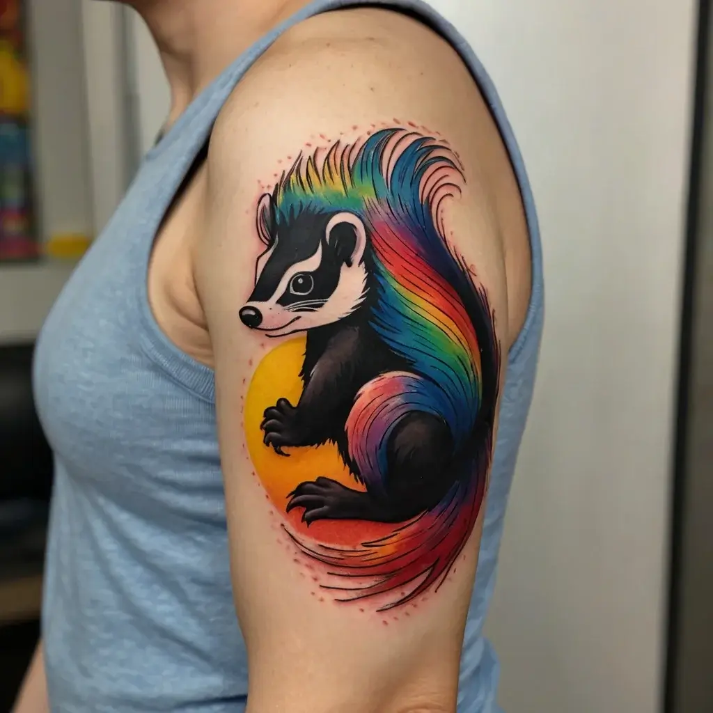 Tattoo of a playful rainbow-colored skunk with vibrant fur, set against a bright orange circle background on the arm.