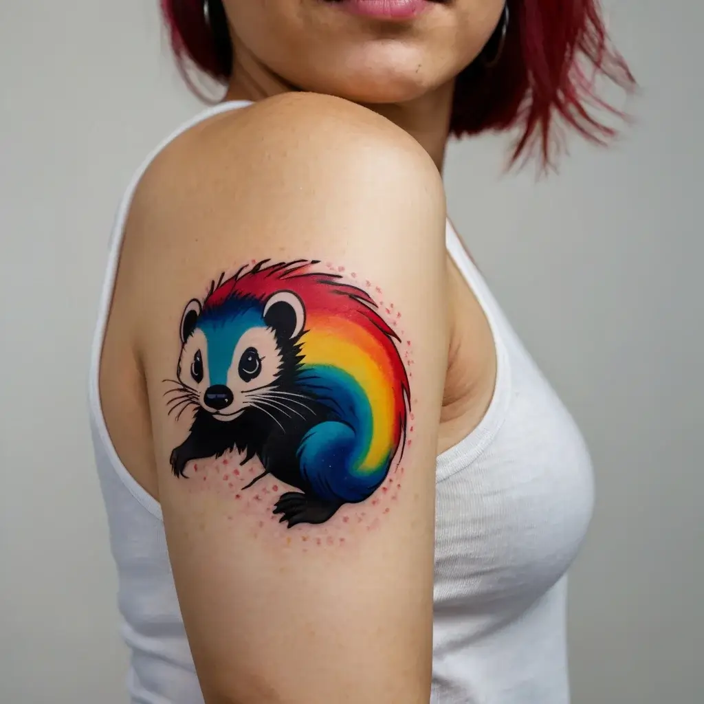 Colorful ferret tattoo with a gradient rainbow back, blending vibrant hues on the upper arm, enhancing playful energy.