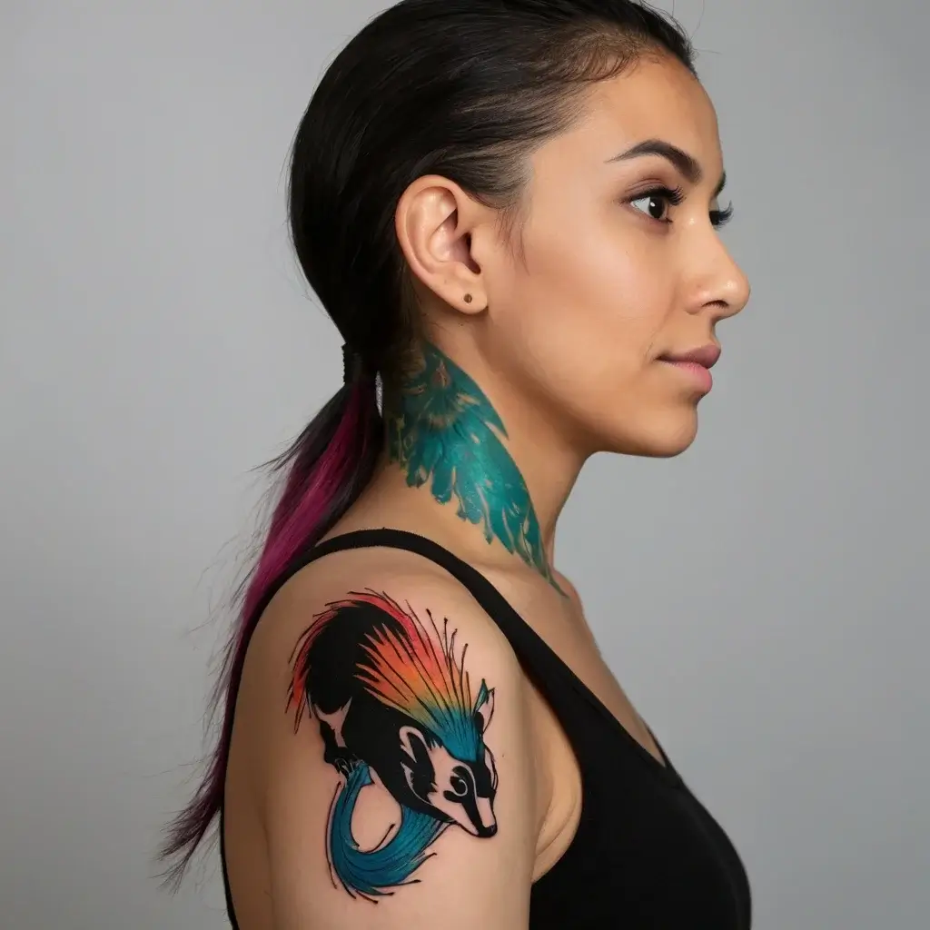 Colorful stylized skunk tattoo on upper arm, featuring bold black outlines and vibrant blue, orange, and pink accents.