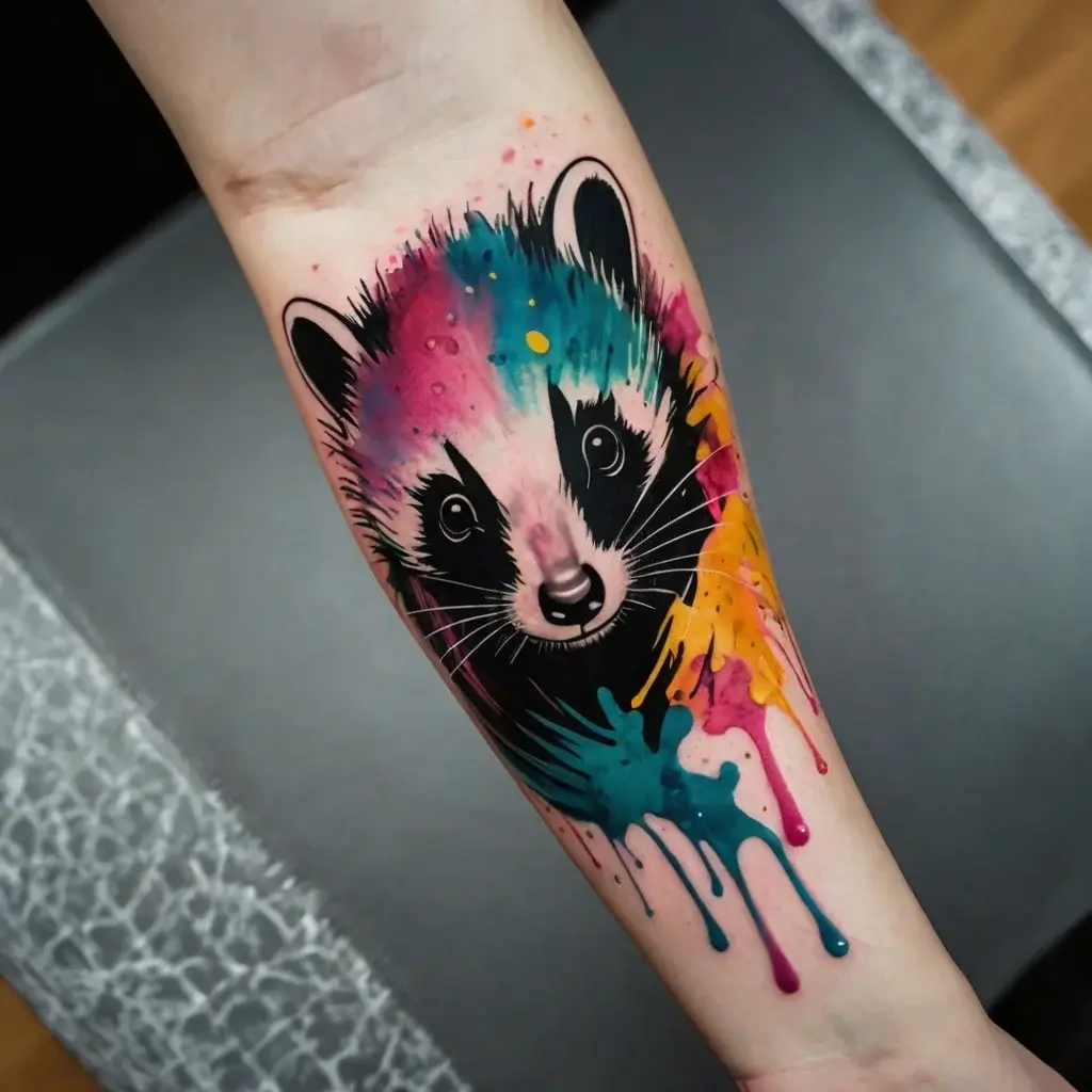 A vibrant raccoon tattoo with watercolor splashes in pink, blue, and yellow, creating a lively, artistic effect.