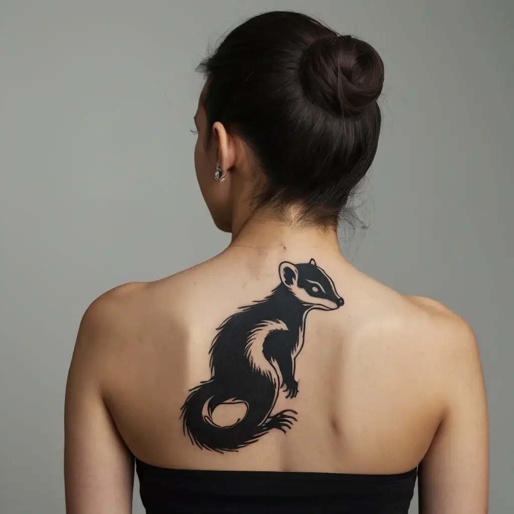 Tattoo of a stylized black badger on the upper back, featuring bold lines and a curled tail, symbolizing courage and protection.