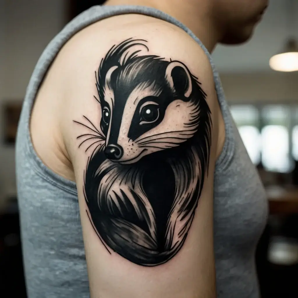 Tattoo of a stylized black and gray badger on the upper arm, featuring bold lines and intricate shading.