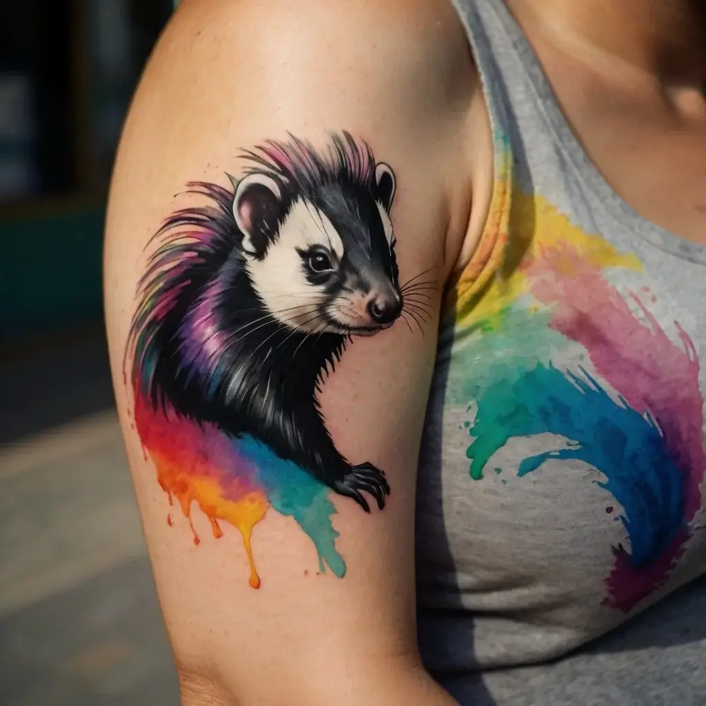 Tattoo of a realistic skunk with vivid rainbow watercolor splashes, blending bold shades and expressive drips.