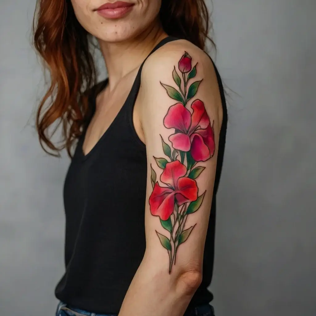 Tattoo of vibrant red flowers with green leaves, elegantly trailing down the upper arm, creating a bold, natural look.