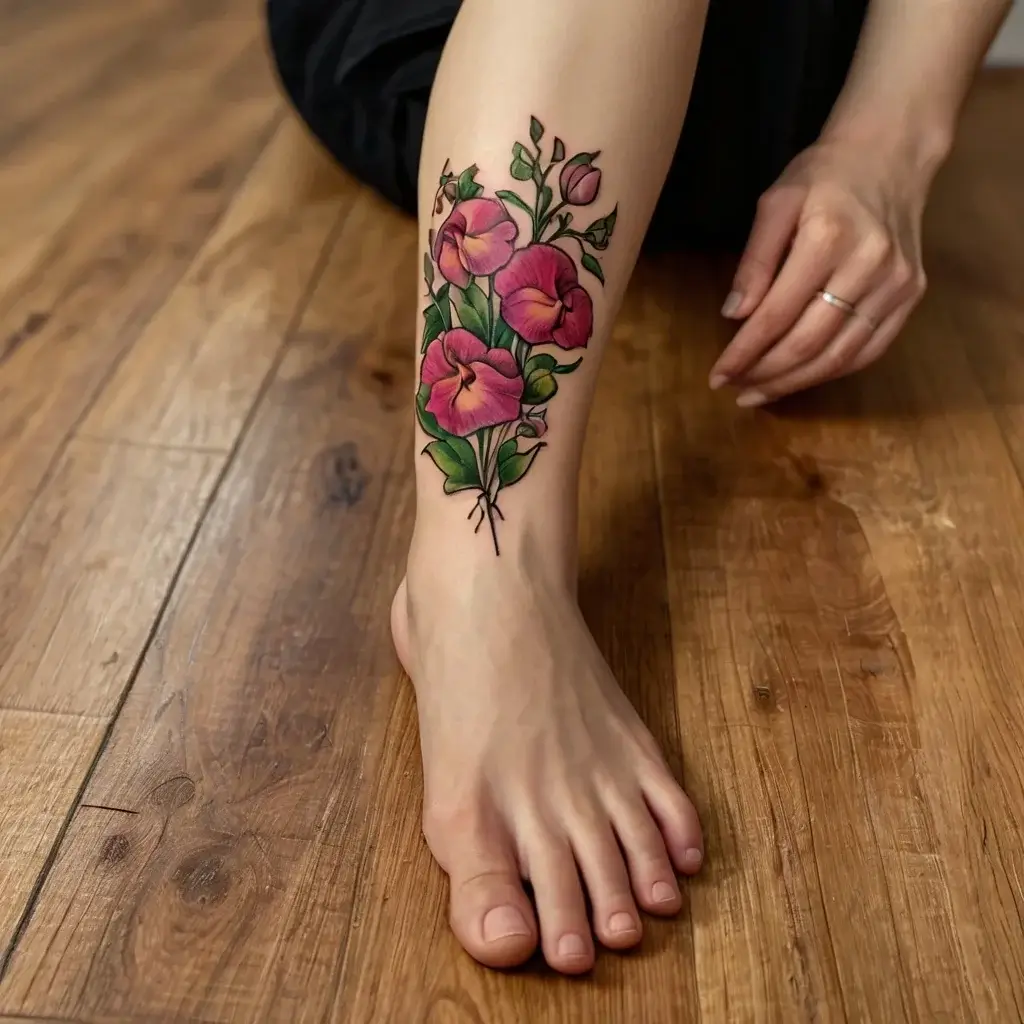 Tattoo of vibrant pink hibiscus flowers with green leaves on the outer calf, detailed with natural shading and bold outlines.