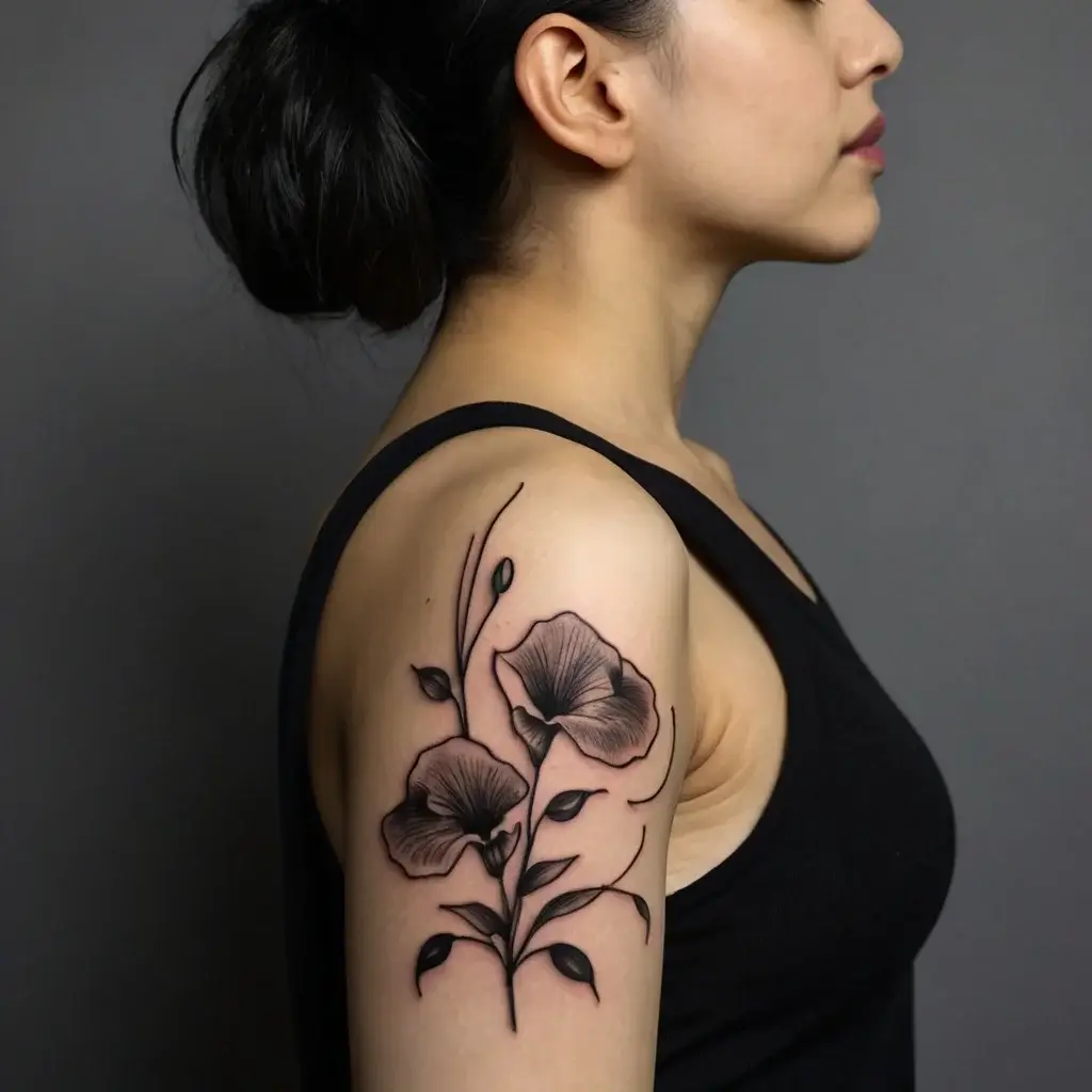 Black ink floral tattoo on upper arm depicts elegant poppies with smooth shading and flowing leaves.