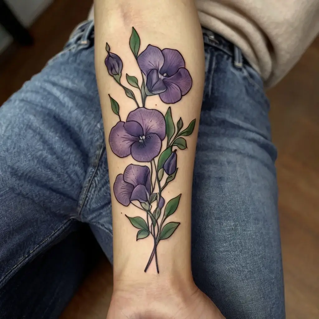 A forearm tattoo of vibrant purple flowers with green stems and leaves, detailed with shading for a realistic effect.