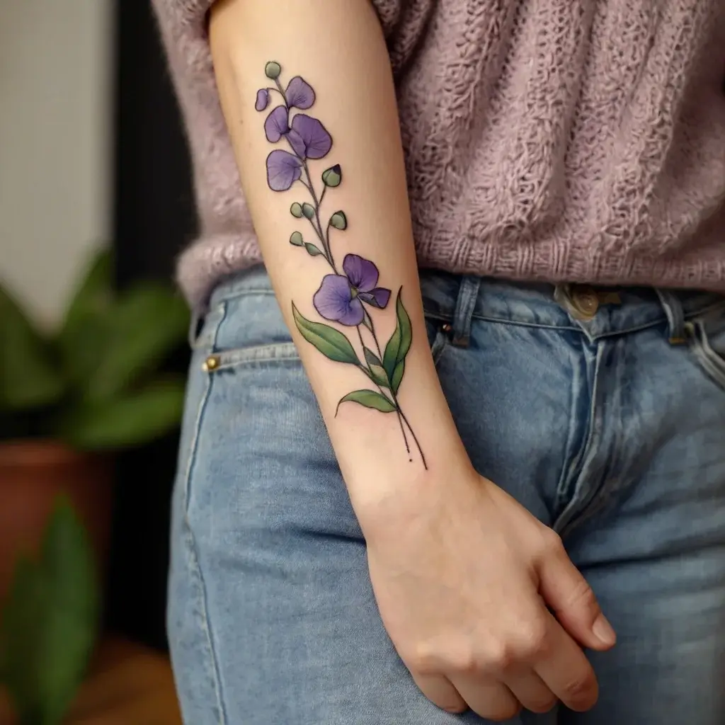 Tattoo of delicate purple flowers with green leaves on forearm, highlighting natural beauty and elegance.