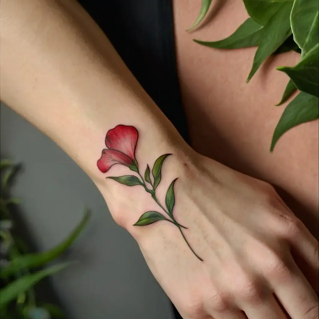 Elegant floral tattoo featuring a vibrant red flower with green leaves, elegantly positioned on the wrist, symbolizing beauty.