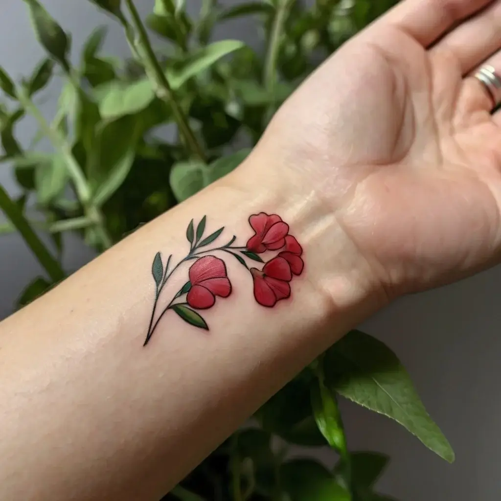 A delicate tattoo features vibrant red sweet pea flowers and green leaves, elegantly placed on the wrist for a natural look.