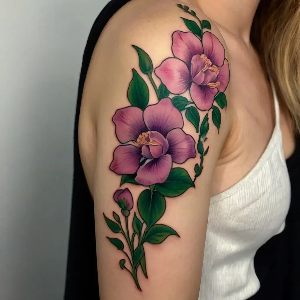 Tattoo of vibrant pink hibiscus flowers with lush green leaves on the upper arm, bold outlines enhancing the design.