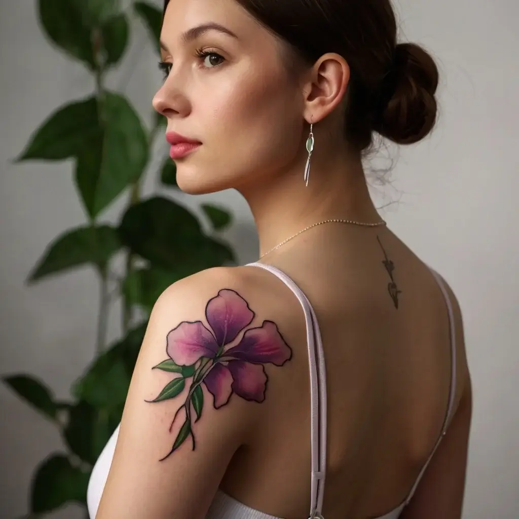 A vibrant pink flower tattoo on the shoulder with green leaves, showcasing a watercolor style.