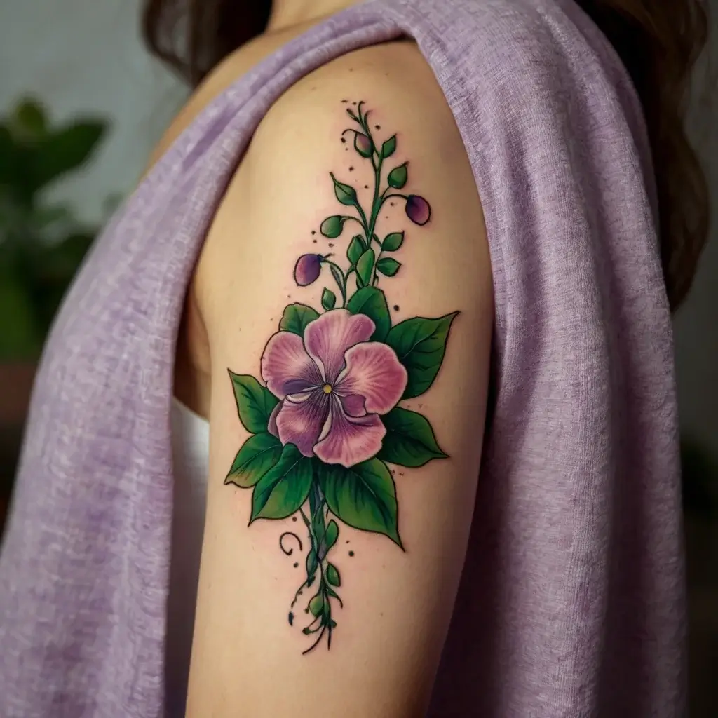 A vibrant purple flower tattoo with detailed leaves and buds, accentuated with delicate vines and dots on the upper arm.