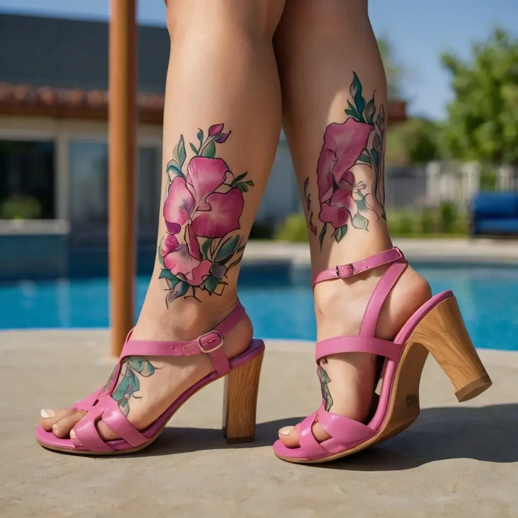 Pink floral tattoos on the legs, showcasing blooming flowers with green leaves, complementing pink high heels by a pool.