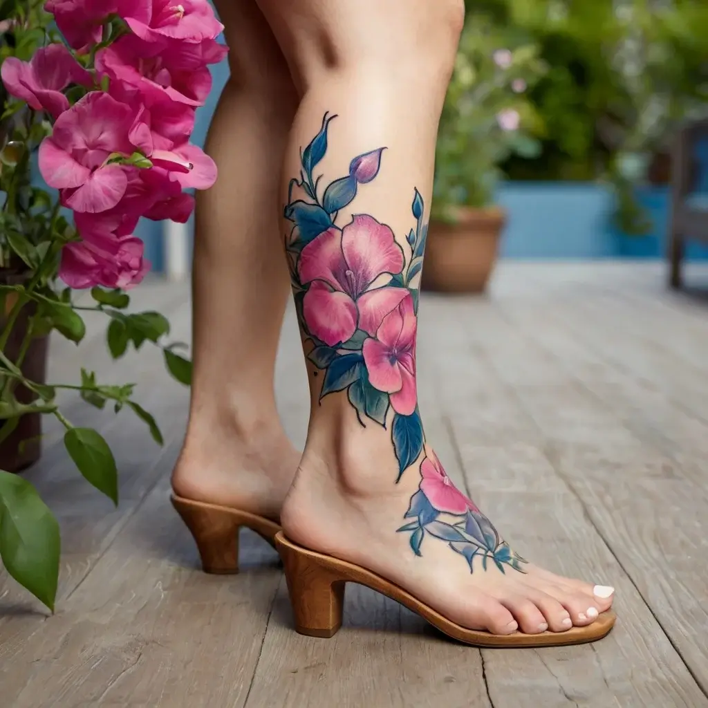 Floral tattoo with pink blooms and blue leaves wraps elegantly around the leg and foot, showcasing vibrant, detailed artistry.