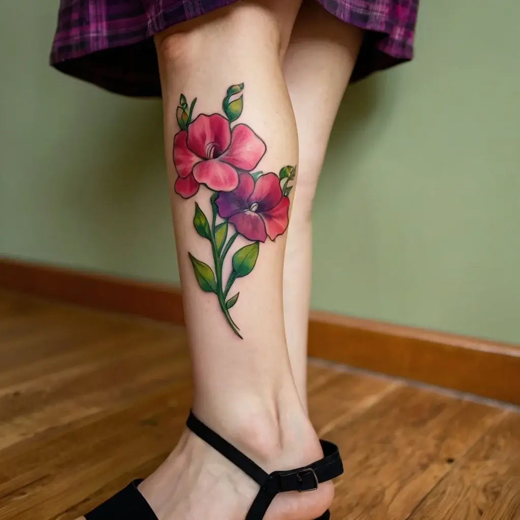 Tattoo of vivid pink and purple flowers with green leaves on the calf, showcasing delicate, bold lines and bright colors.