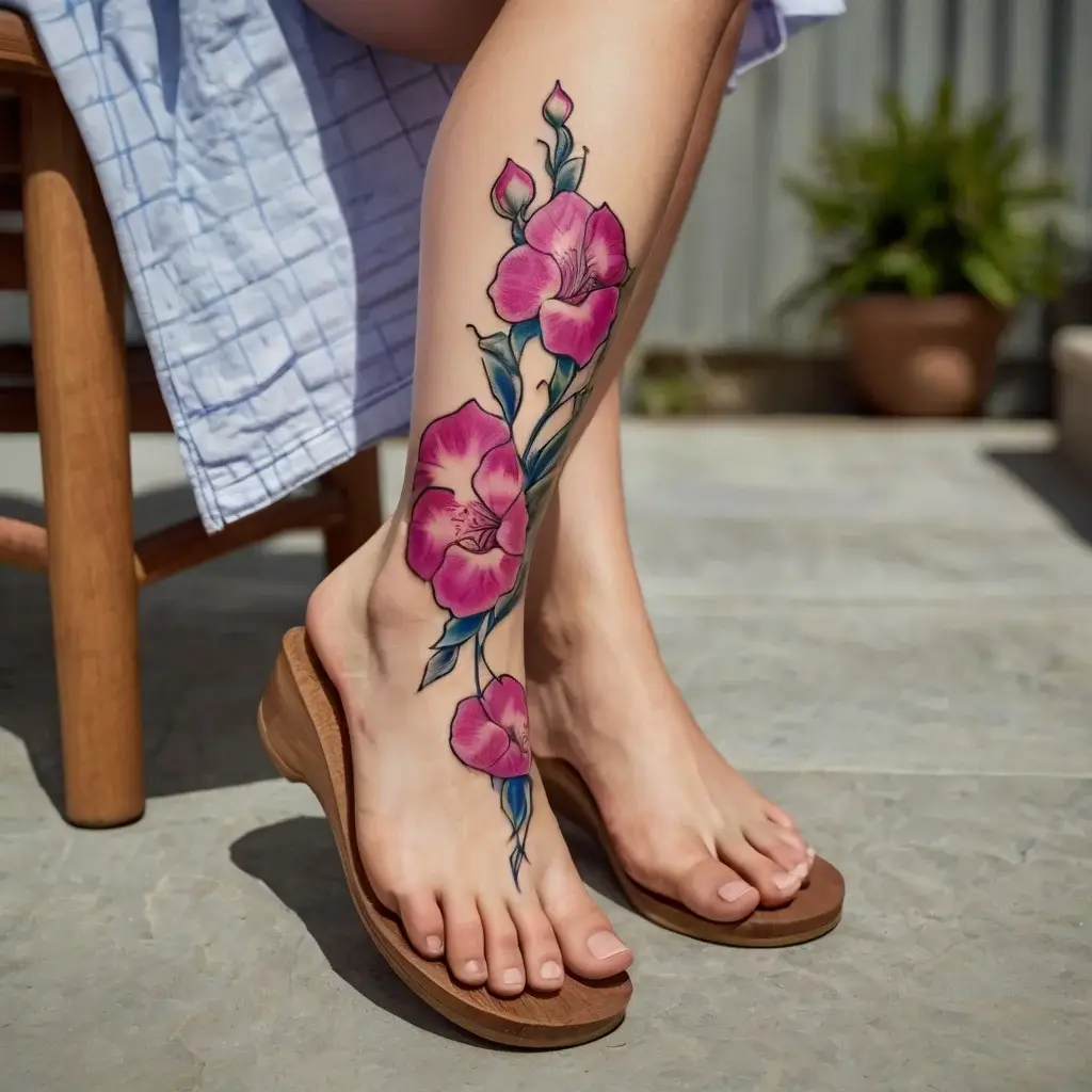 Tattoo of vibrant pink flowers with green stems and leaves, elegantly curving around the calf and ankle.