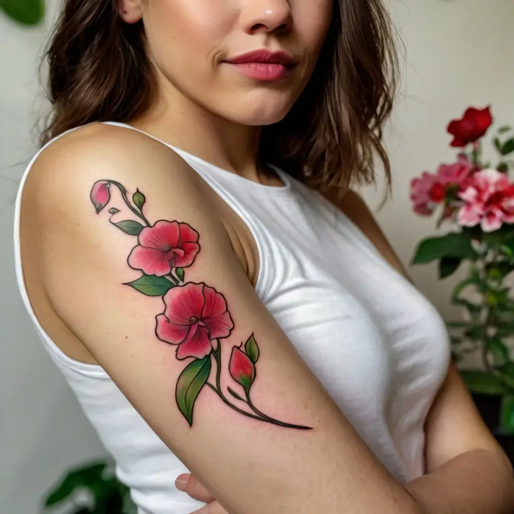 A vibrant floral tattoo with pink blossoms and green leaves, elegantly winding down the upper arm in a naturalistic style.