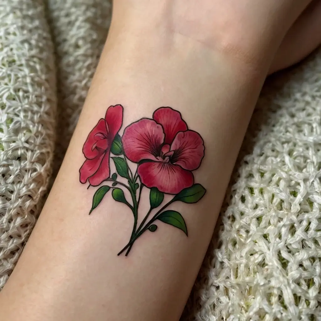 Tattoo of pink hibiscus flowers with green leaves on forearm, showcasing a vibrant, realistic floral design.