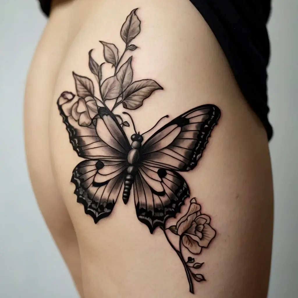 Black and gray butterfly perched on a rose, framed by delicate foliage, symbolizing transformation and growth.