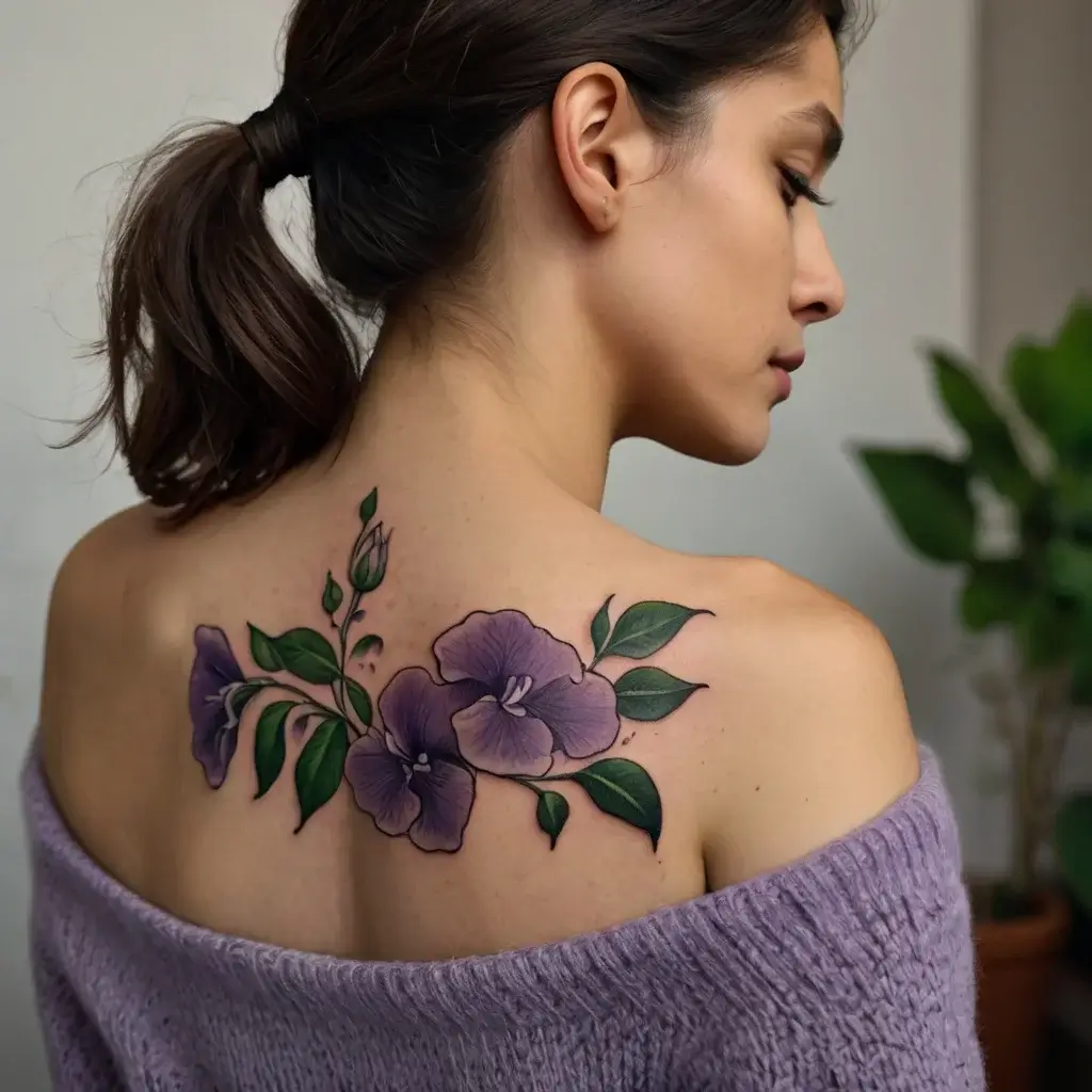 Tattoo of purple hibiscus flowers with green leaves on the shoulder, symbolizing beauty and femininity.