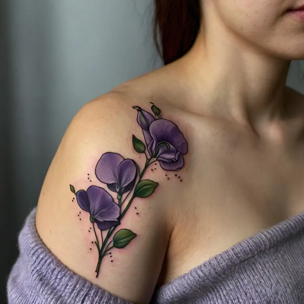 Tattoo of delicate purple sweet pea flowers on a shoulder, with vibrant green leaves and subtle dotted accents.