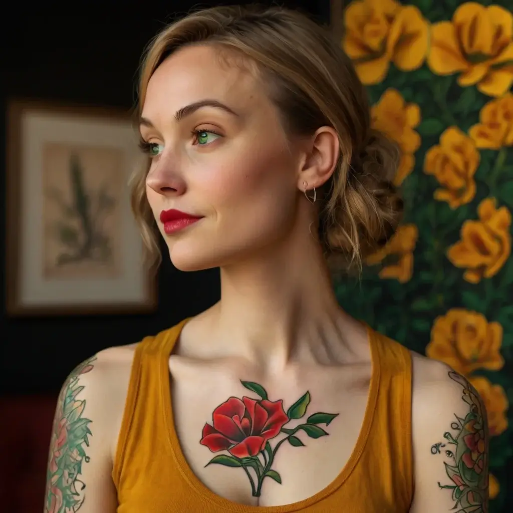 Chest tattoo of a vibrant red rose with green leaves, complementing floral themed arm tattoos.