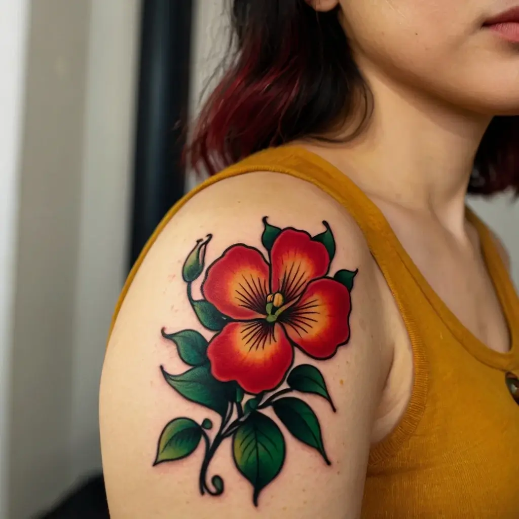 A vibrant red hibiscus tattoo on the upper arm, detailed with lush green leaves and realistic shading.