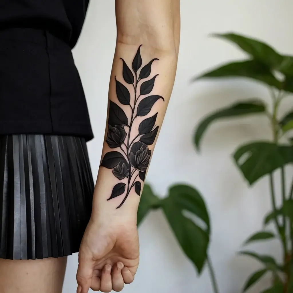 Bold black ink tattoo of a leafy branch with detailed leaves on the forearm, showcasing intricate shading.