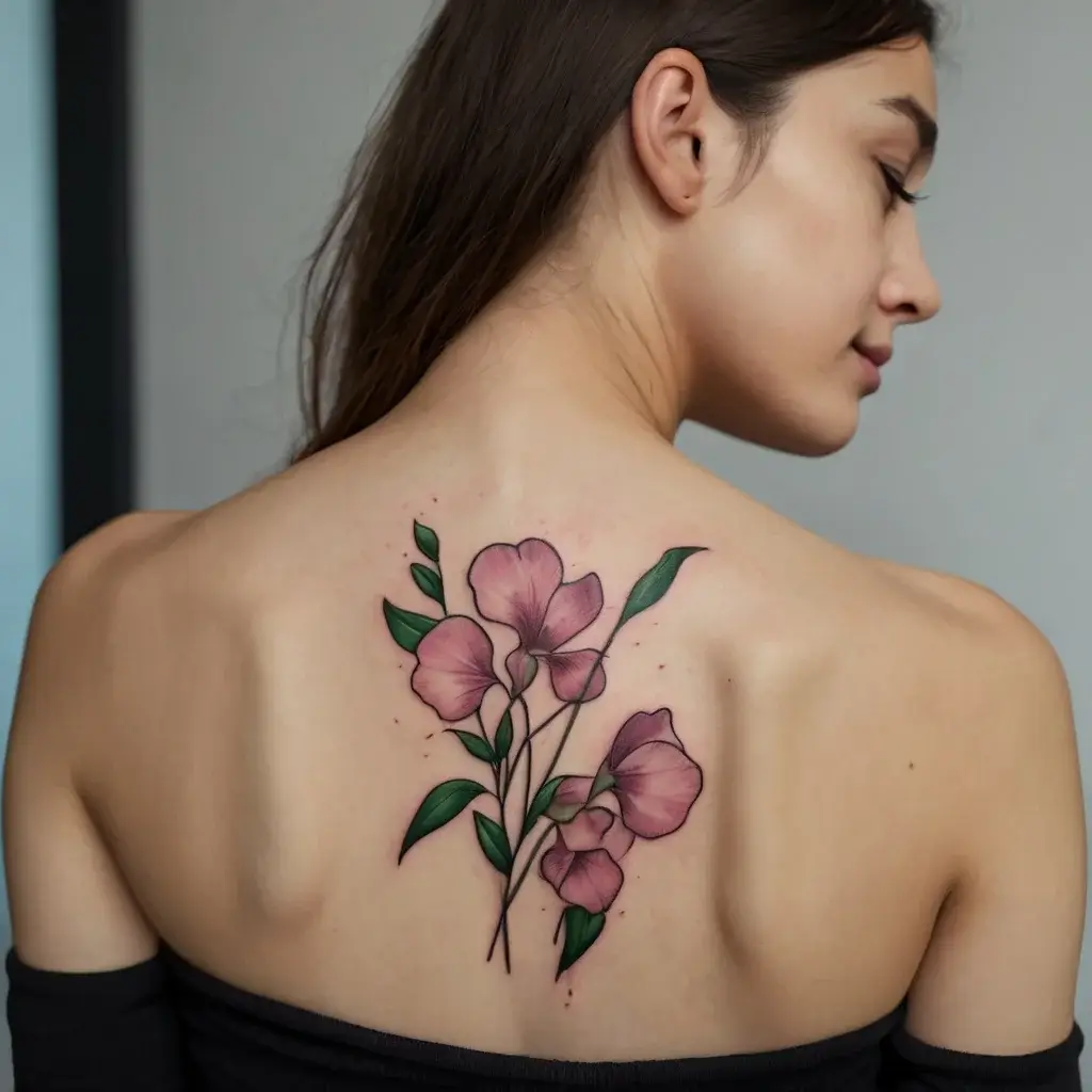 Elegant pink flowers with green leaves tattooed on the upper back, showcasing delicate and intricate line work.