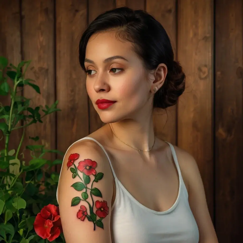 Tattoo of vibrant red hibiscus flowers with lush green leaves adorning the upper arm, symbolizing beauty and strength.