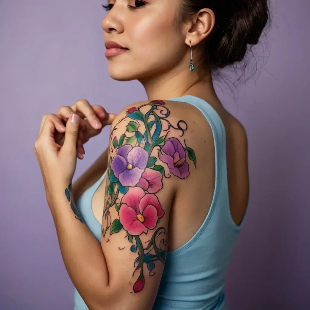 Colorful floral tattoo with pink and purple flowers and green vines on the shoulder, beautifully detailed and vibrant.