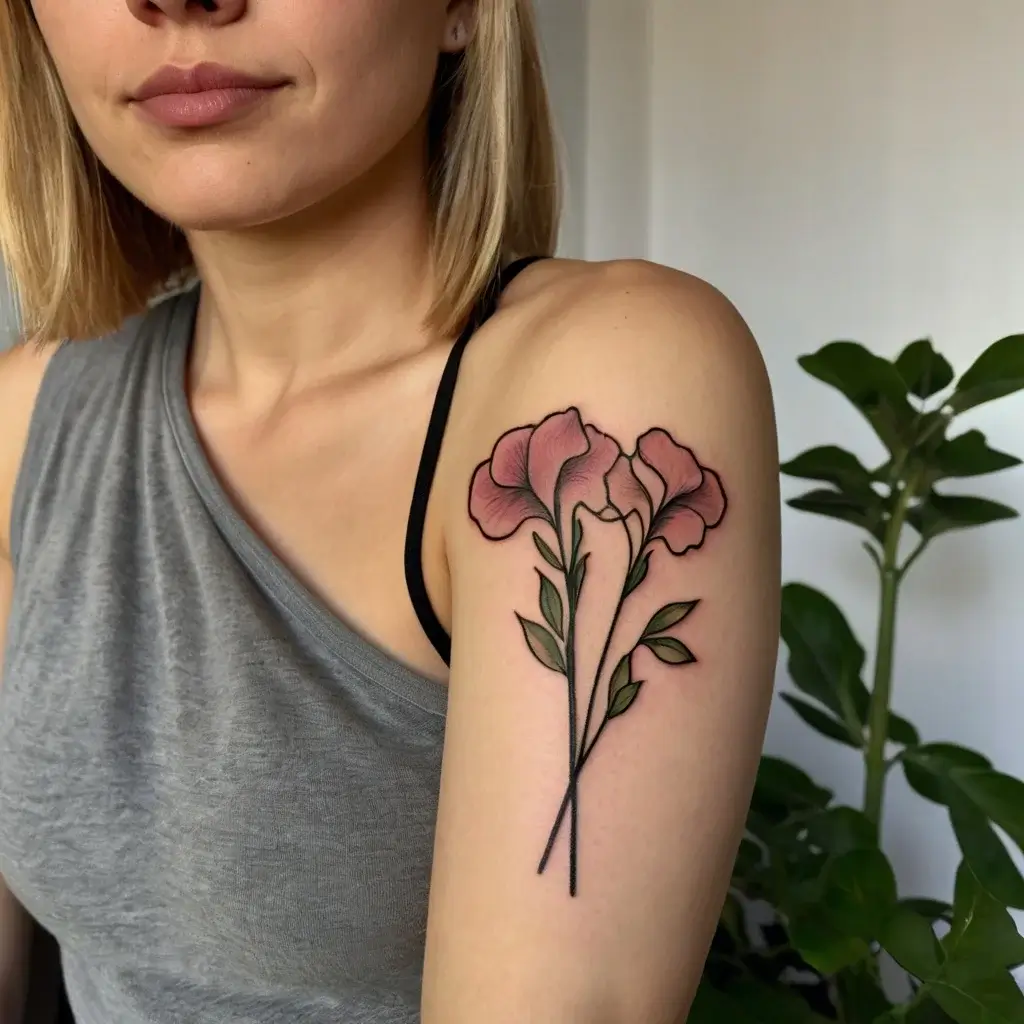 Elegant floral tattoo of pink flowers with green leaves on arm, showcasing delicate shading and fine line work.