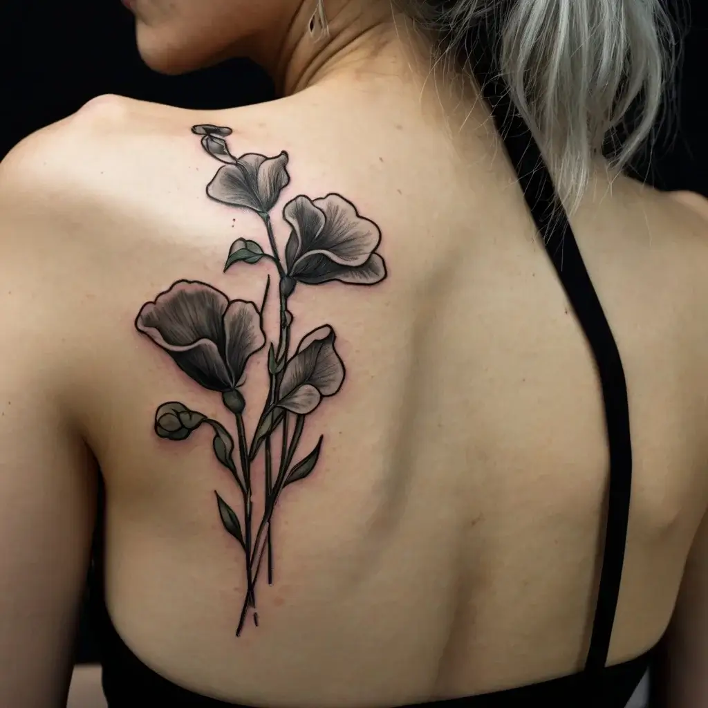 Black and grey poppy flower tattoo on shoulder blade, with delicate shading and intricate linework, creating a natural flow.