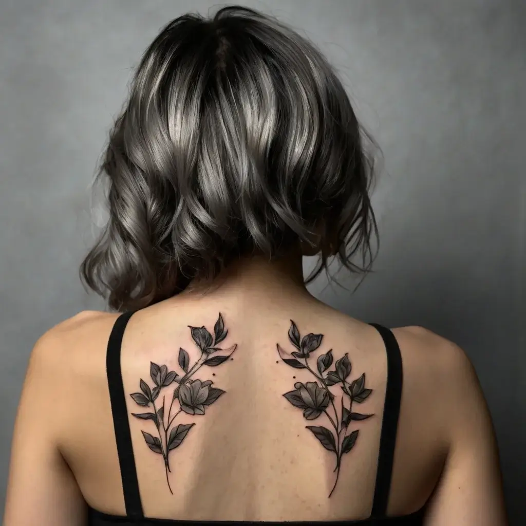 Tattoo of two delicate black and gray floral branches on a woman's upper back, mirroring each other elegantly.